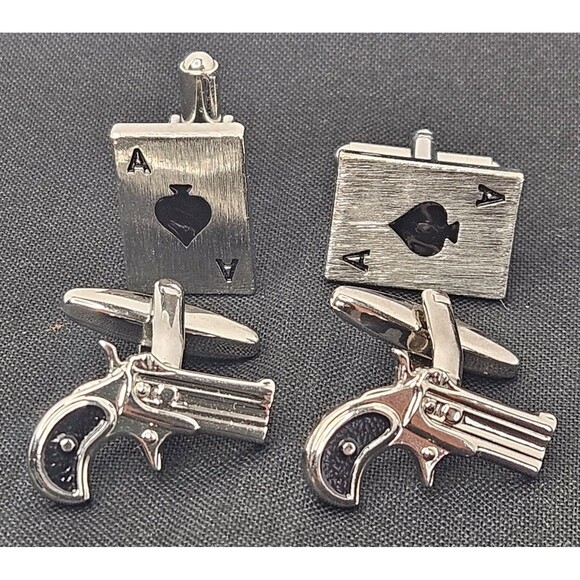 Two Pairs Ace Of Spades Cards And Revolver Silver Plated Cufflinks Lot - Picture 1 of 3
